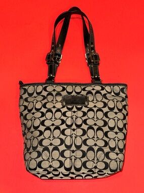 COACH F15664 Hampton Black Grey Signature Jacquard Tote Shoulder Work Hobo Bag